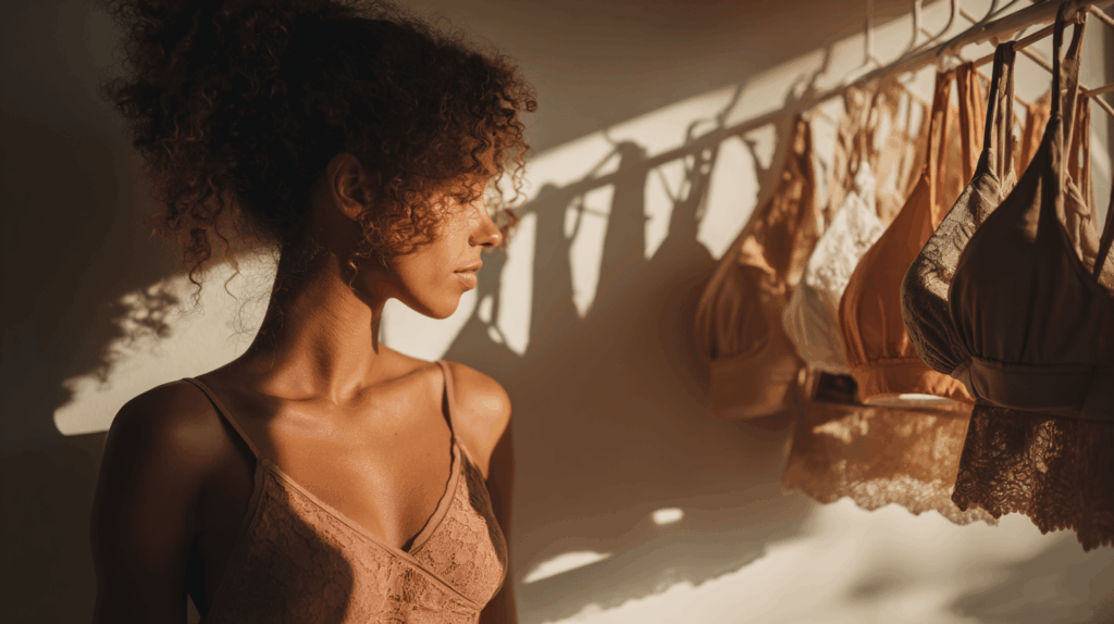 woman looking at non-toxic bras that help with health issues when harmful materials do not touch our skin