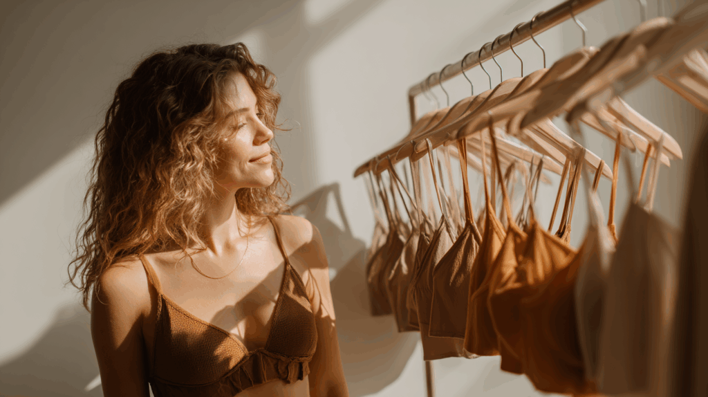 Flat lay of a wireless bra made from organic cotton in a neutral tone, arranged on a linen background, minimalist and clean aesthetic